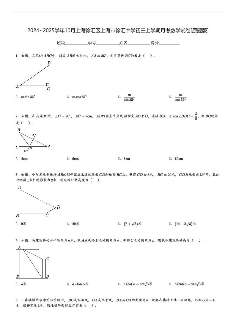 2024～2025学年10月上海徐汇区上海市徐汇中学初三上学期月考数学试卷[原题+解析版]第1页