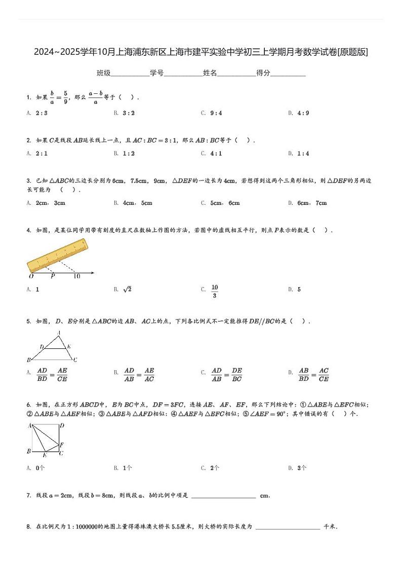 2024～2025学年10月上海浦东新区上海市建平实验中学初三上学期月考数学试卷[原题+解析版]第1页