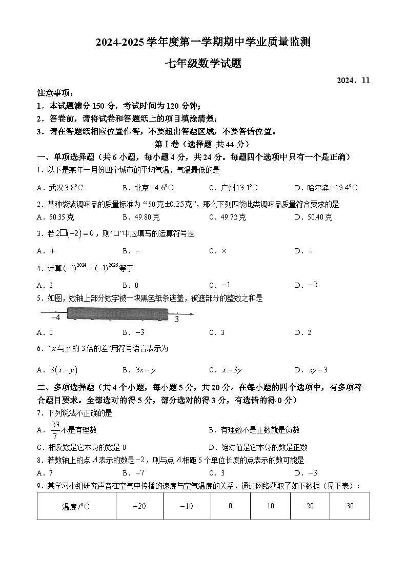 山东省潍坊市昌邑市2024--2025学年上学期期中考试七年级数学试题第1页