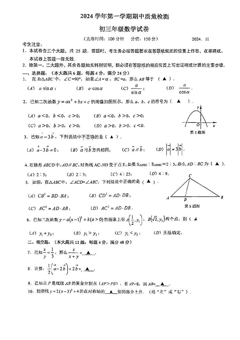 上海市民办立达中学2024-2025学年九年级上学期11月期中考试数学试题01