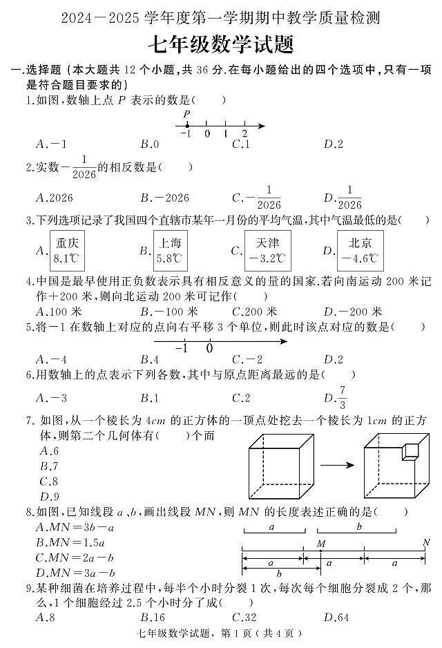 河北省石家庄市栾城区2024-2025学年七年级上学期期中考试数学试题第1页