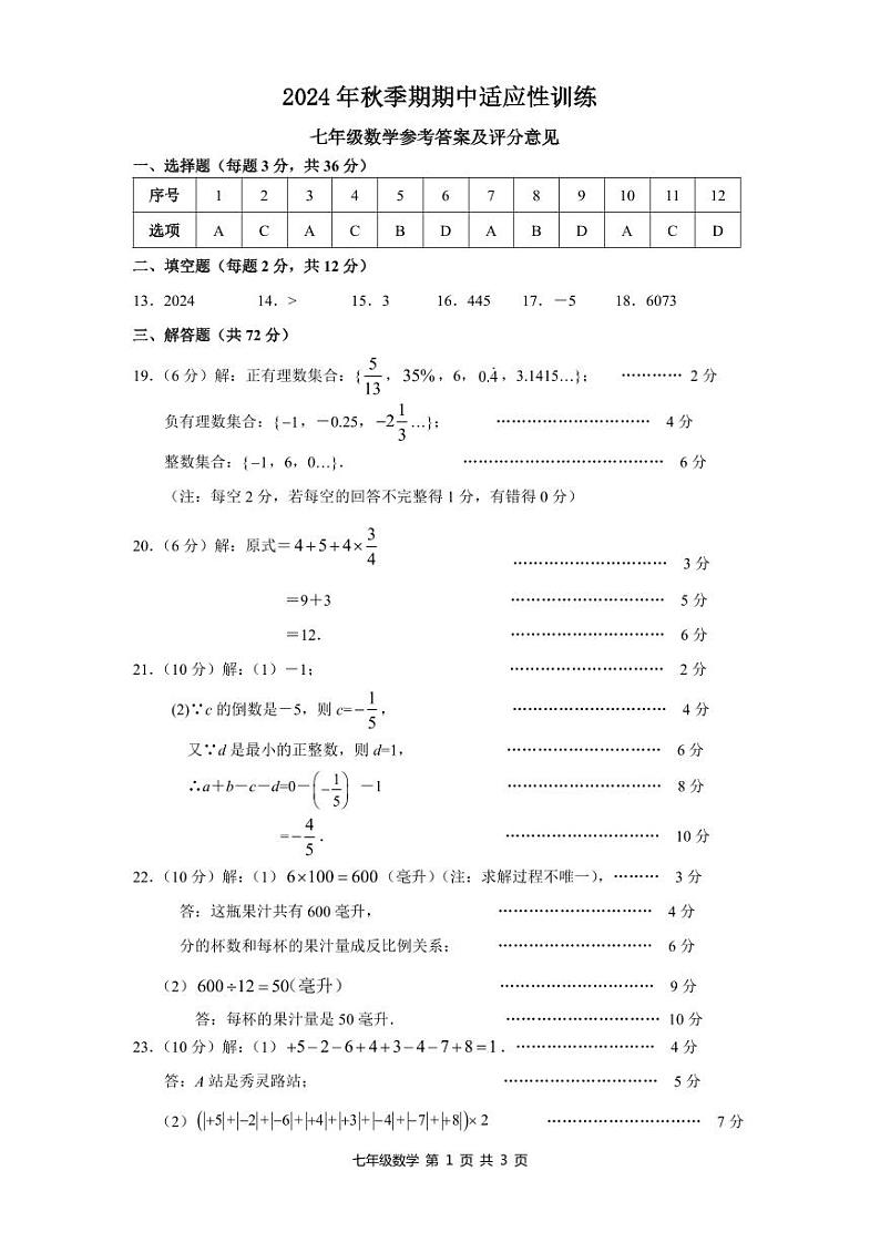 3.2024年秋季期期中适应性训练七年级数学参考答案及评分意见第1页