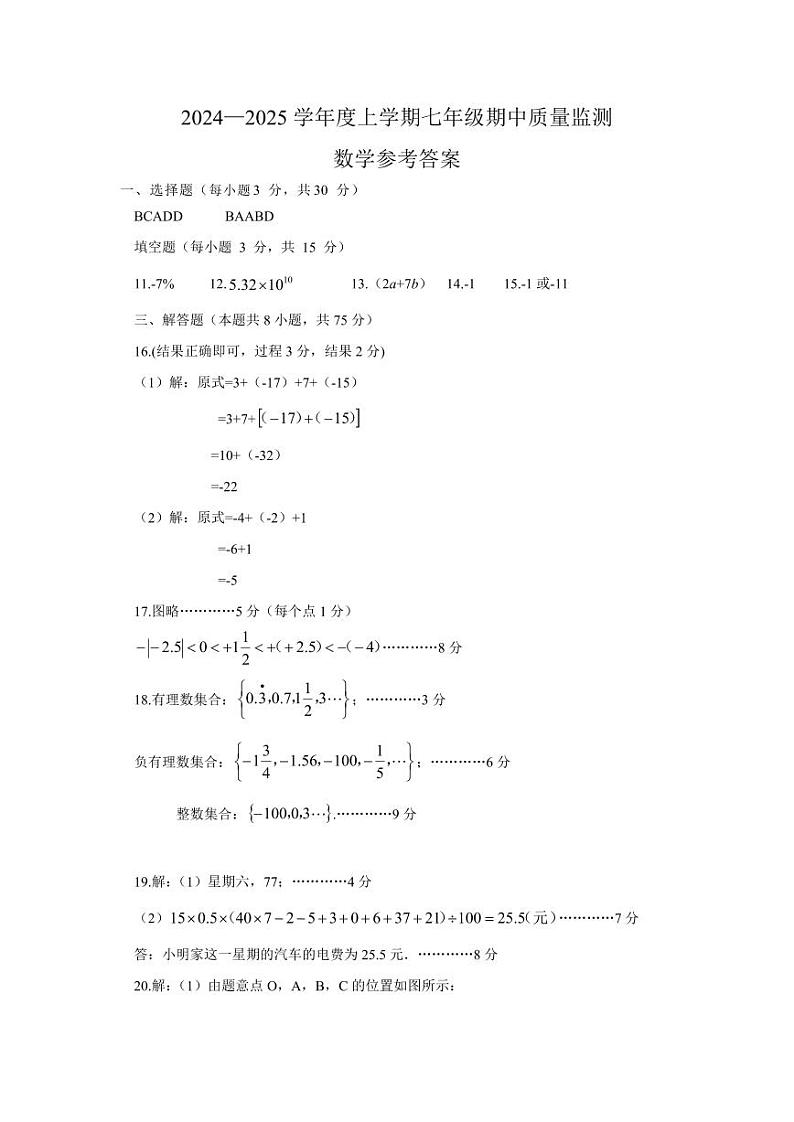 七年级数学期中监测答案第1页