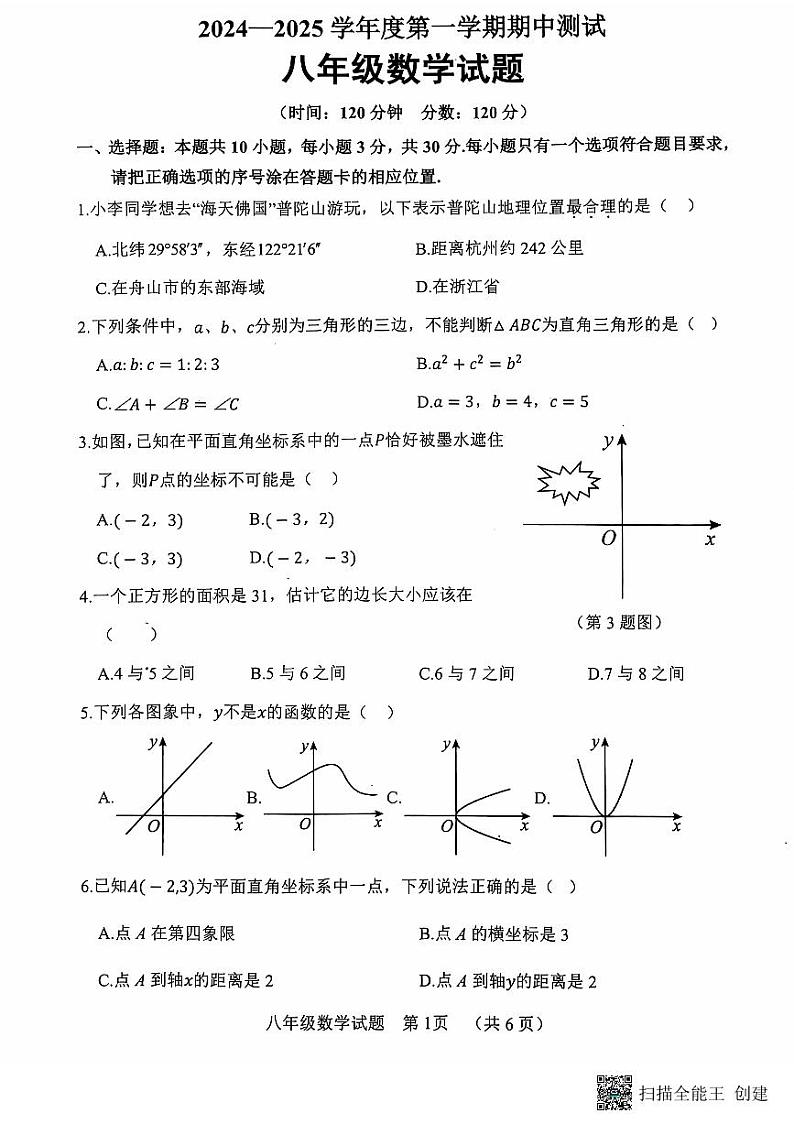 山东省菏泽市东明县2024-2025学年+八年级上学期数学期中试题第1页