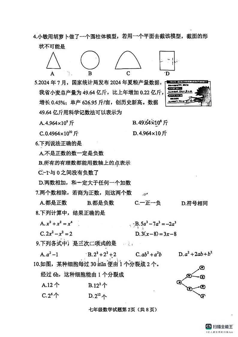山西省晋中市榆次区2024-2025学年七年级上学期11月期中考试数学试题第2页