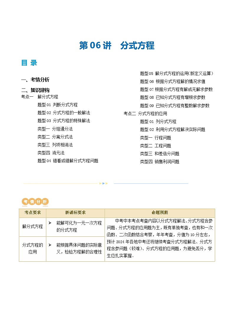 2025年中考数学一轮复习精品讲义第06讲 分式方程（原卷版）第1页