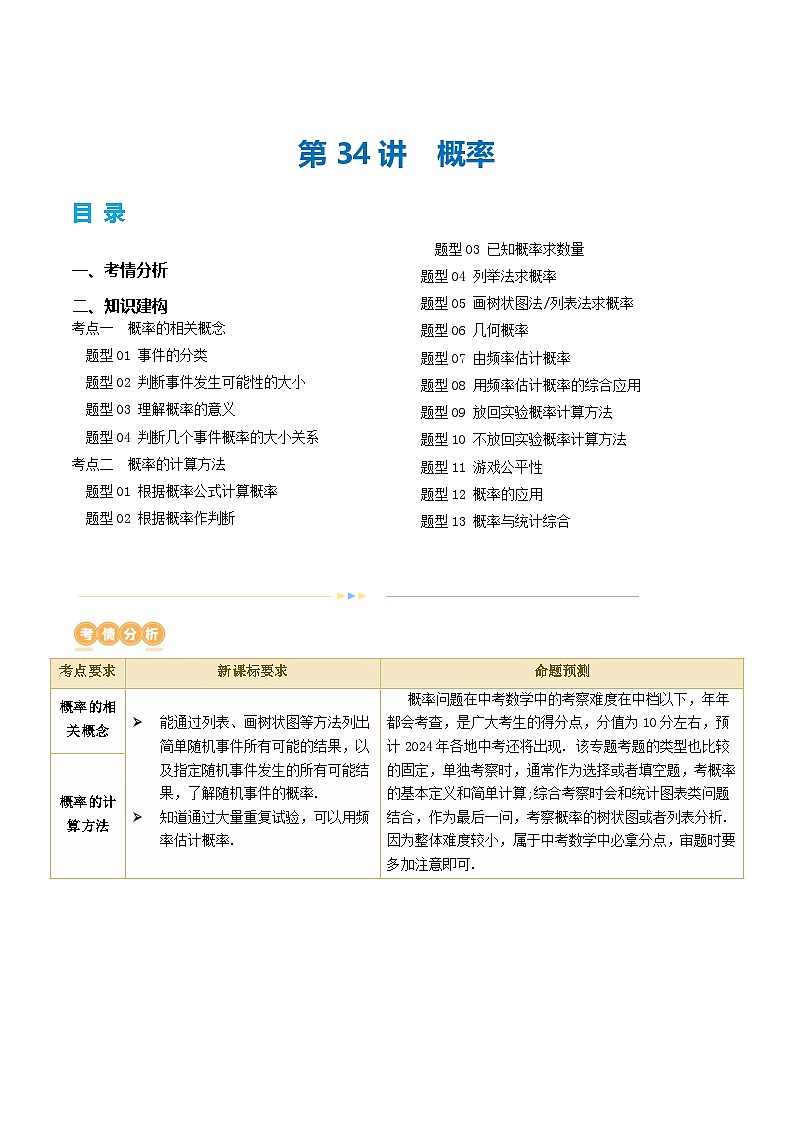 2025年中考数学一轮复习精品讲义第34讲  概率（原卷版）第1页