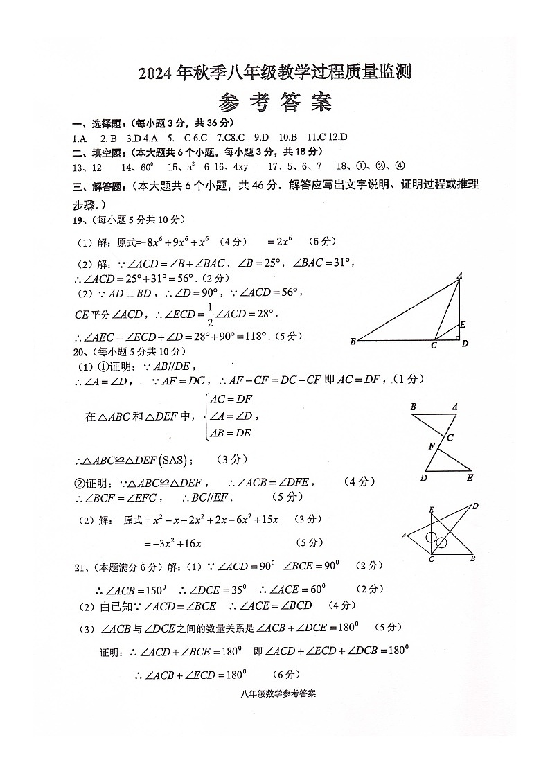 四川省绵阳市江油市2024-2025学年八年级上学期11月期中考试数学试题答案第1页