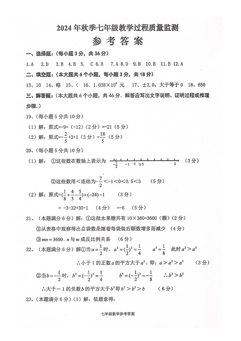 四川省绵阳市江油市2024-2025学年七年级上学期11月期中考试数学试题答案第1页