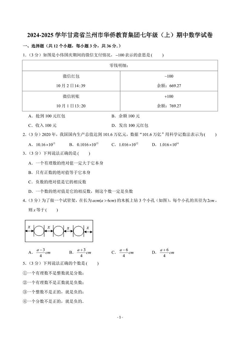 2024-2025学年甘肃省兰州市华侨教育集团七年级（上）期中数学试卷第1页