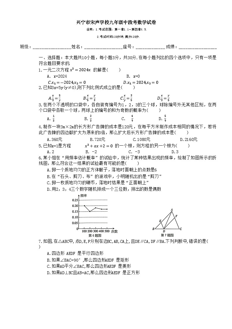 广东省梅州市兴宁市宋声学校2024-2025学年九年级上学期11月期中考试数学试题第1页
