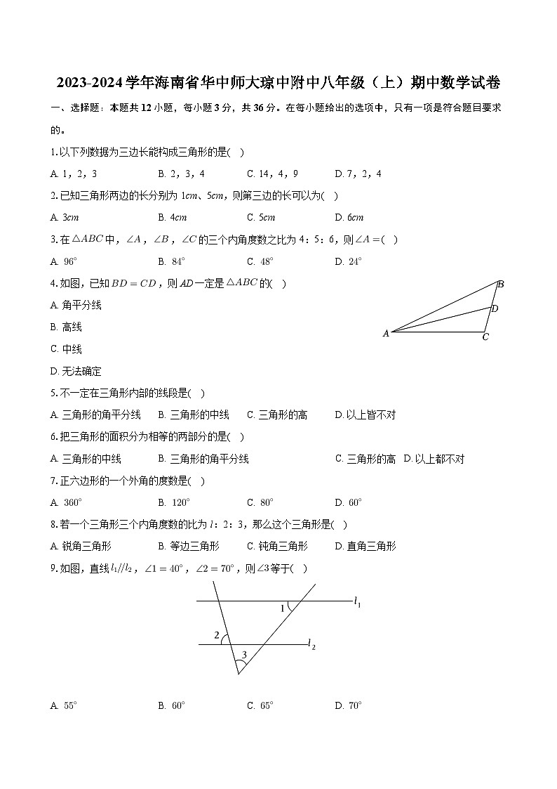 +海南省华中师大琼中附中2023—2024学年上学期八年级期中数学试卷+第1页