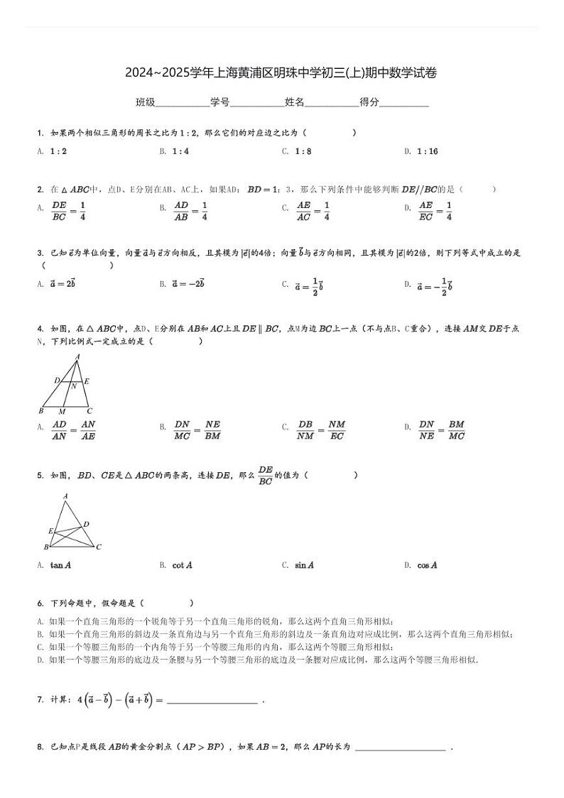 2024～2025学年上海黄浦区明珠中学初三(上)期中数学试卷[原题+解析]第1页