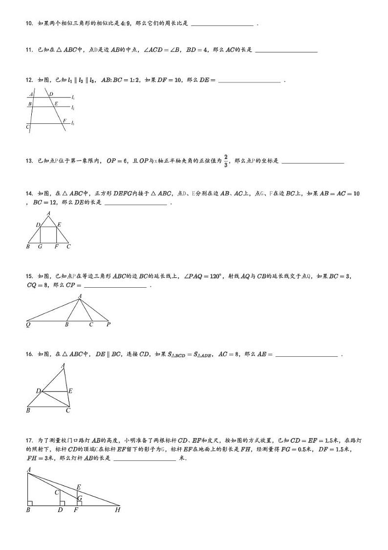 2024～2025学年上海杨浦区初三(上)期中数学试卷[原题+解析]02