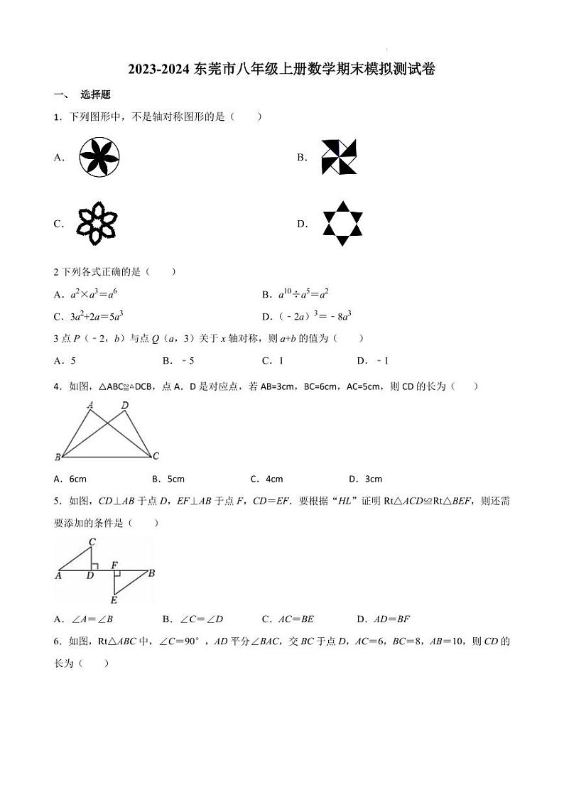 广东省东莞市2023-2024学年八年级上册数学期末模拟测试卷01
