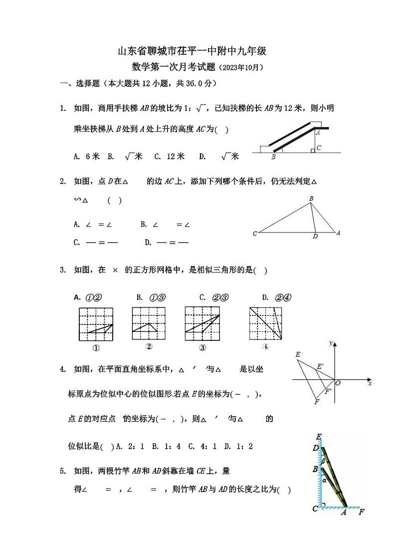 2023-2024学年山东省聊城市茌平一中附中九年级（上）第一次月考数学试卷01