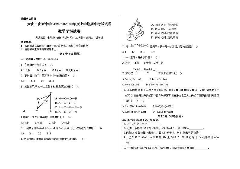 黑龙江省庆新中学2024-2025学年八年级上学期期中数学试卷第1页