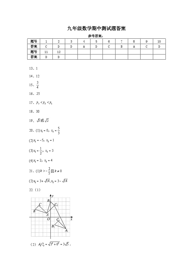 九年级数学期中测试题答案第1页