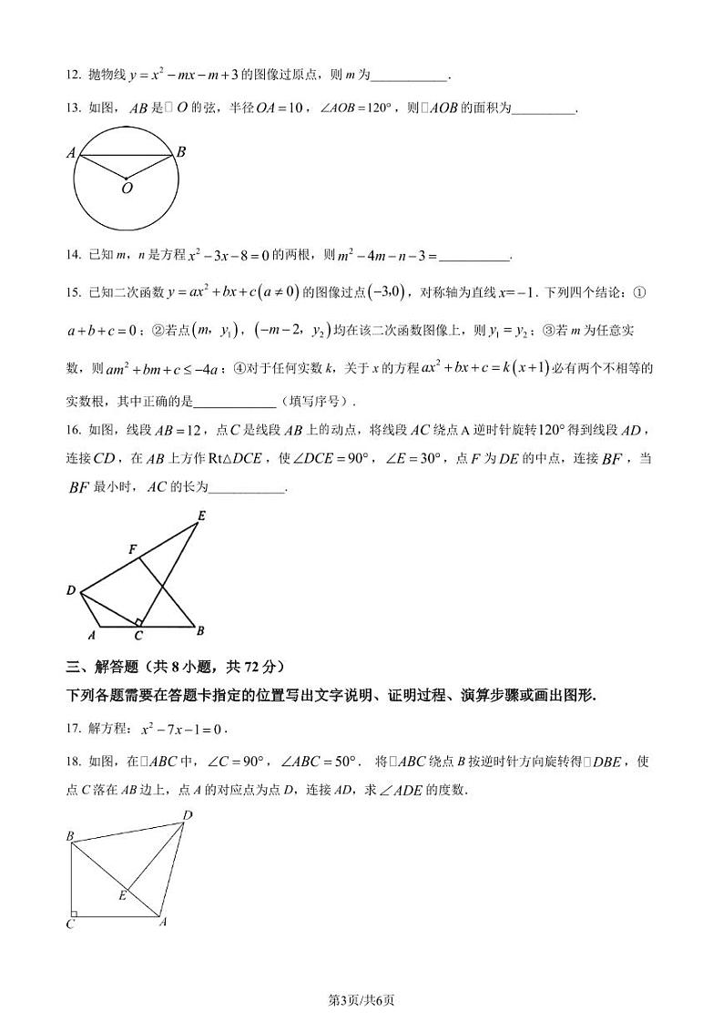 湖北省武汉市东湖高新区2023-2024学年九年级上学期期中数学试题（原卷版）第3页