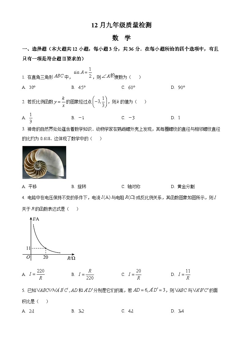 九年级上学期12月数学质量检测题第1页