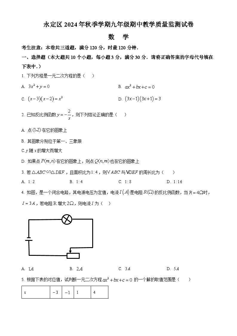 湖南省张家界市永定区2024-2025学年九年级上学期期中考试数学试题（原卷版）第1页