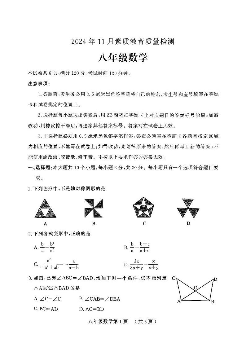 山东省菏泽市曹县2024-2025学年八年级上学期11月期中数学试题01