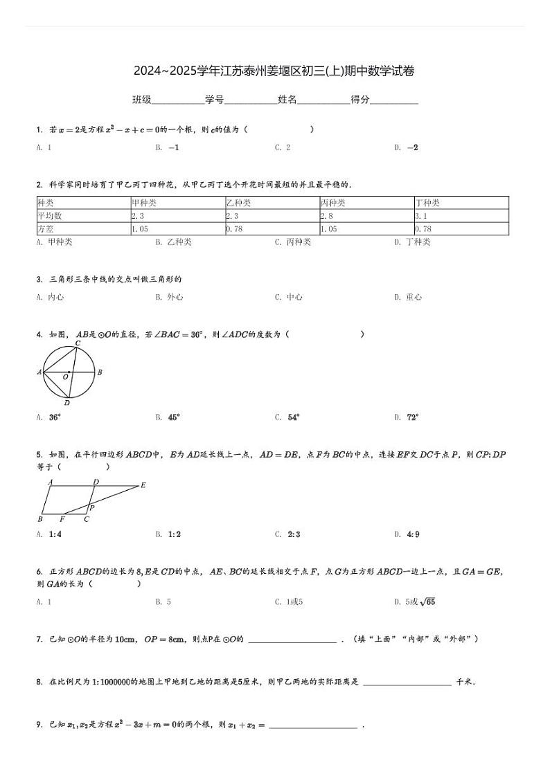 2024～2025学年江苏泰州姜堰区初三(上)期中数学试卷[原题+解析]第1页