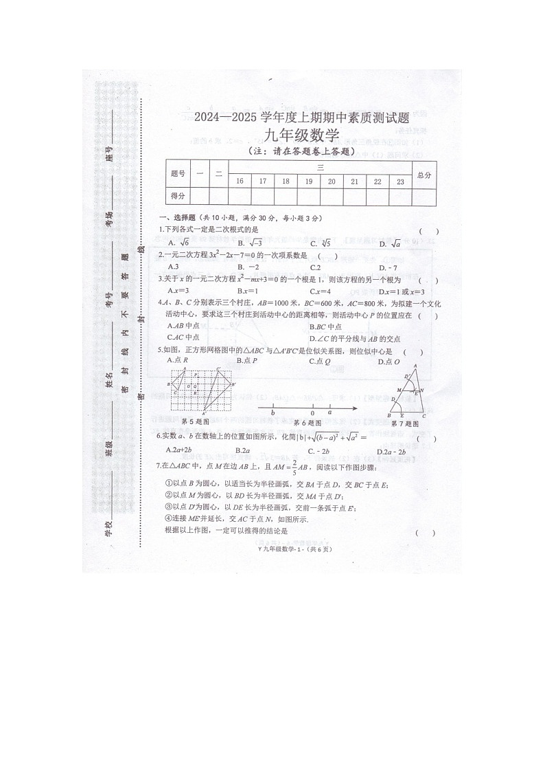 河南省驻马店市泌阳县2024-2025学年九年级上学期11月期中数学试题第1页