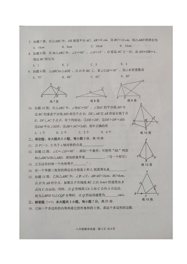 广东省湛江市徐闻县2024—2025学年上学期期中教学调研测试八年级数学试卷第2页