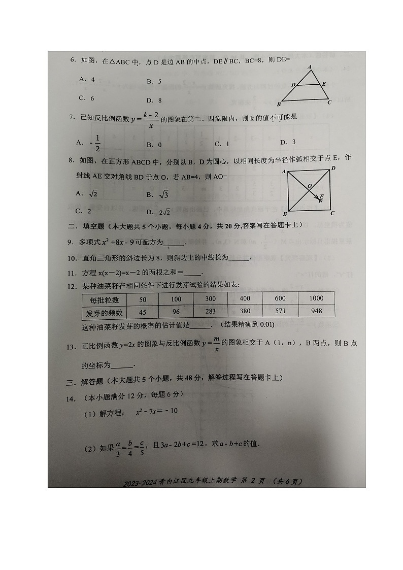 2023-2024学年四川省成都市青白江区九年级（上）期末数学试卷第2页