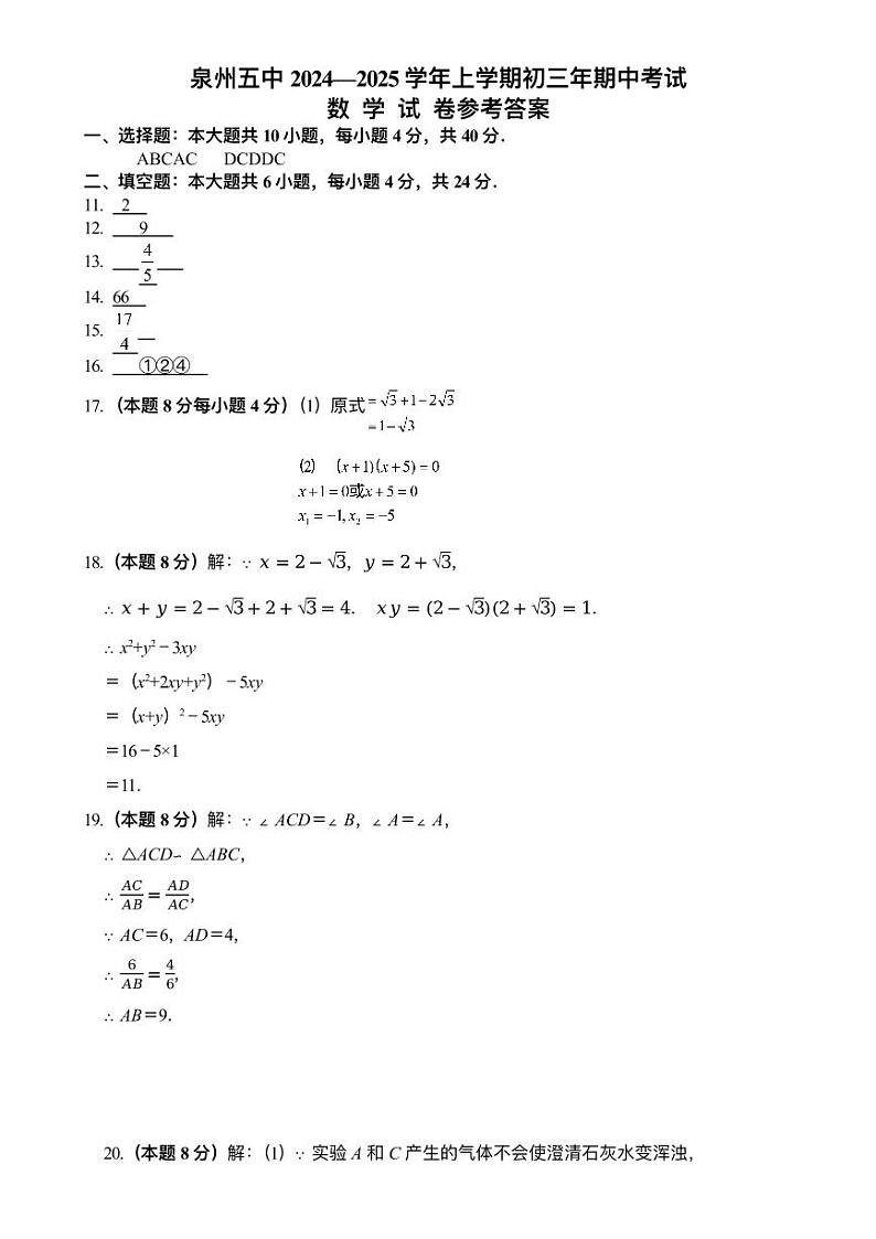 福建省泉州第五中学2024-2025学年九年级上学期11月期中考试数学试题01