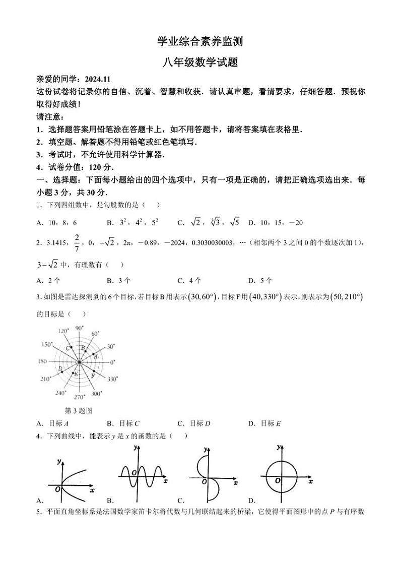 山东省枣庄市薛城区2024～2025学年八年级上学期11月期中数学试题(含答案)第1页