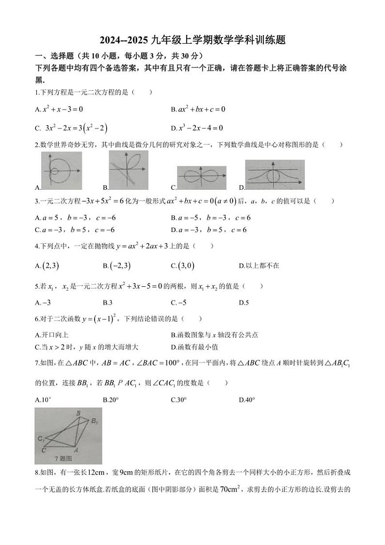 湖北省武汉市武昌区部分学校2024～2025学年九年级上学期期中数学试题（含答案）第1页