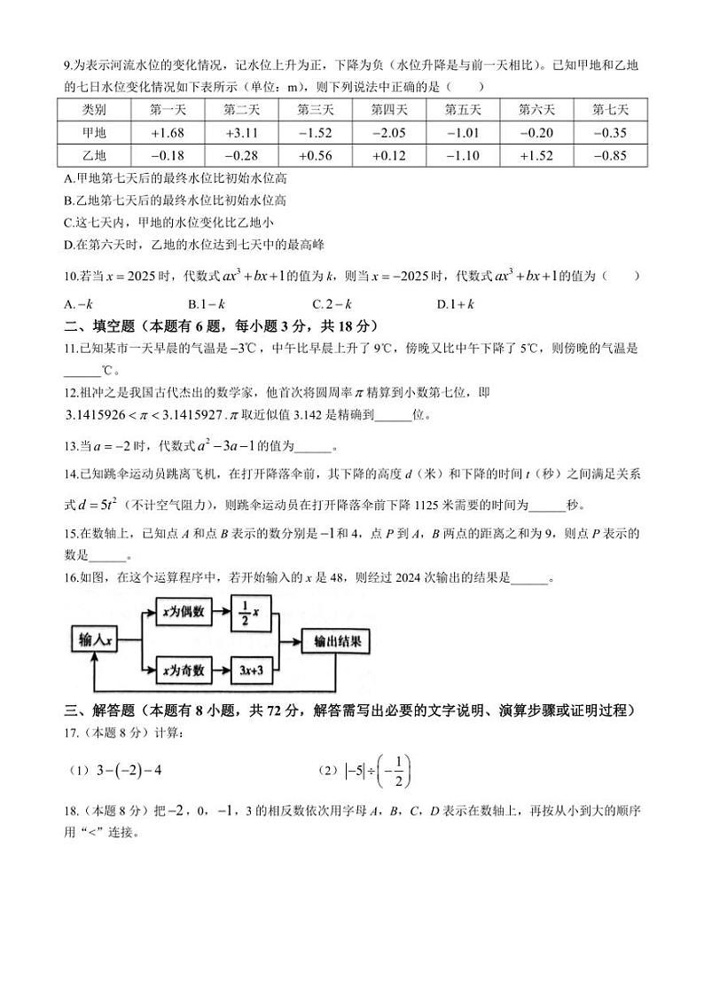 浙江省杭州市临平区2024～2025学年七年级上学期期中学情评估数学试卷（含答案）第2页