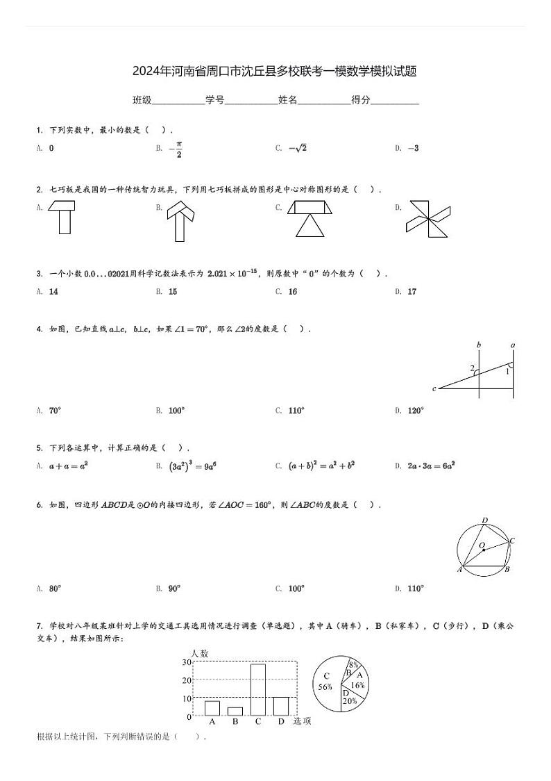 2024年河南省周口市沈丘县多校联考中考一模数学模拟试题[原题+解析]第1页