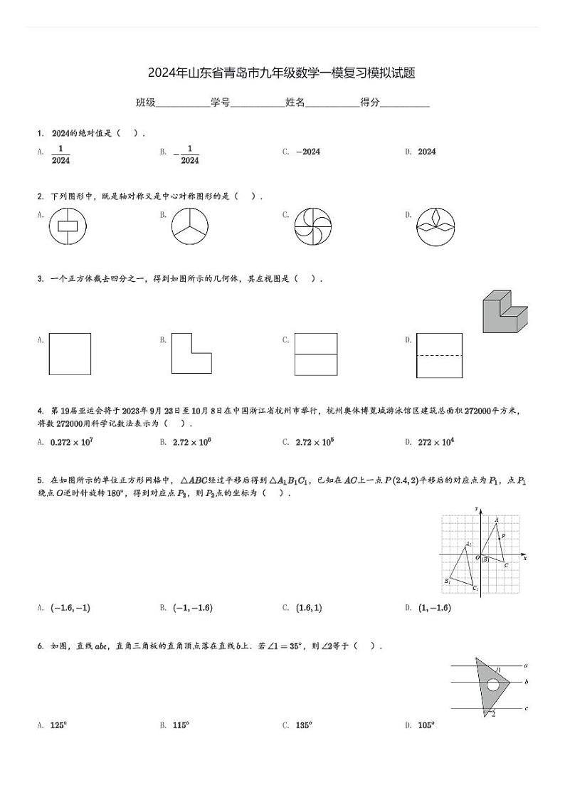 2024年山东省青岛市九年级数学中考一模复习模拟试题[原题+解析]第1页