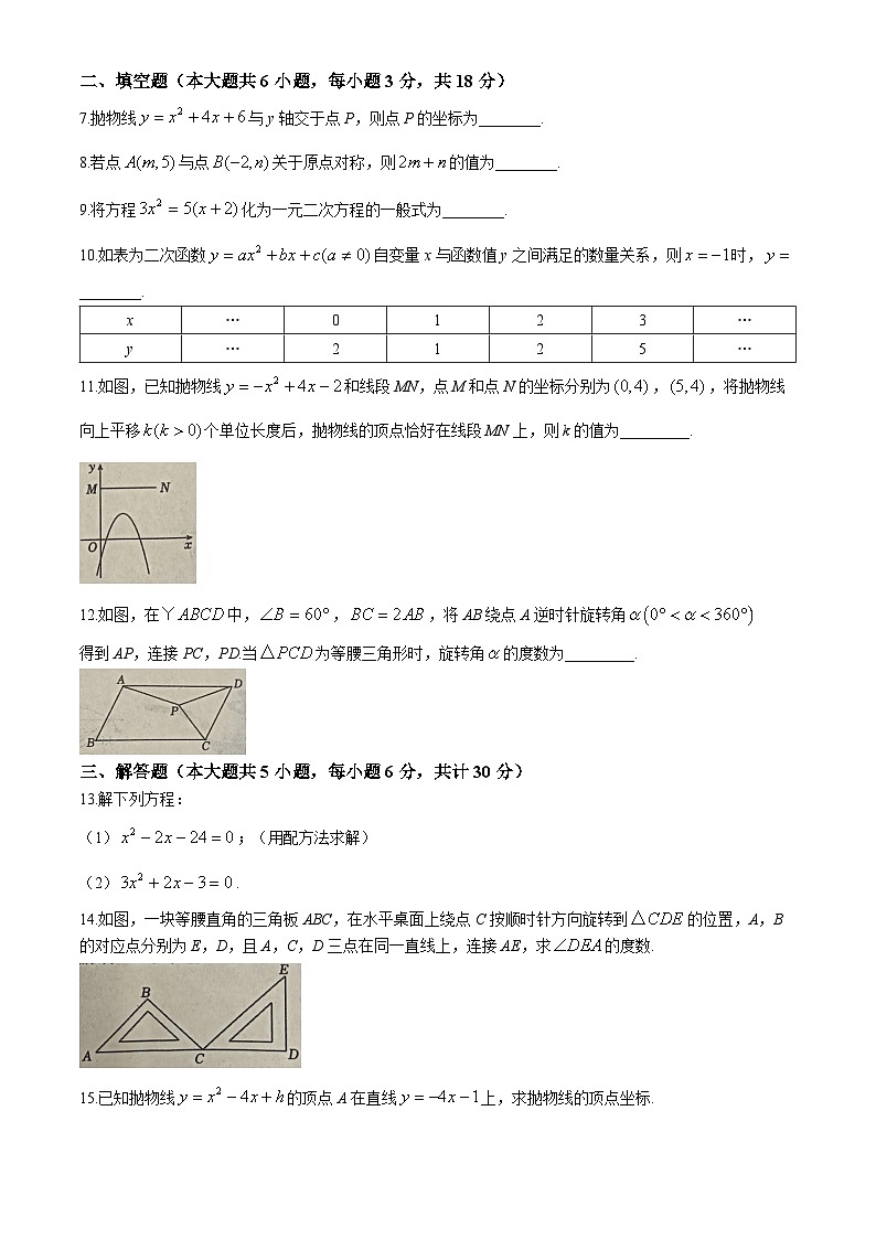 江西省赣州市于都县2024-2025学年 上学期九年级数学期中试卷(无答案)第2页