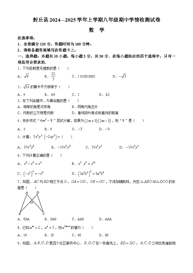 河南省新乡市封丘县2024-2025学年八年级上学期11月期中考试数学试题第1页