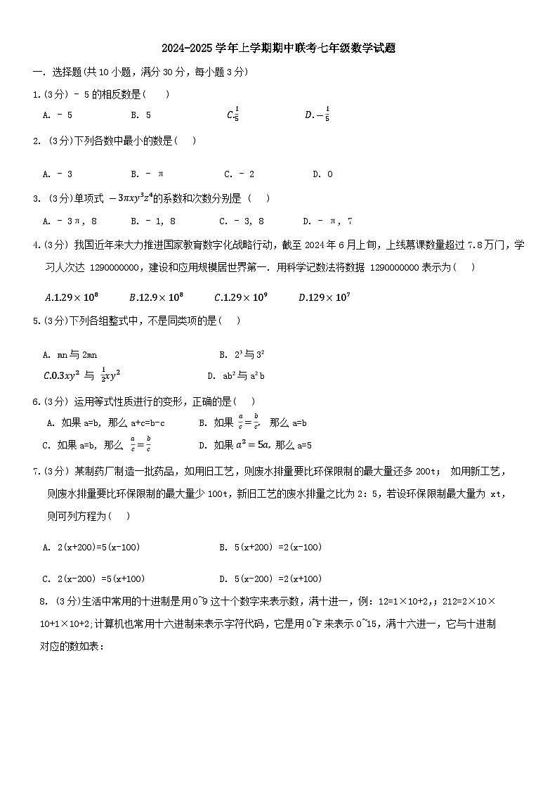 湖北省武汉市武昌区部分学校2024-2025学年上学期期中联考七年级数学试题第1页