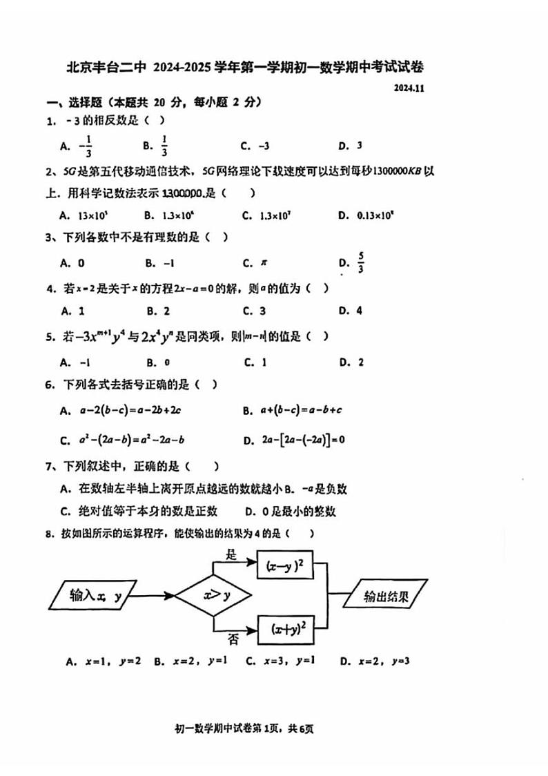 2024北京丰台二中初一（上）期中真题数学试卷第1页