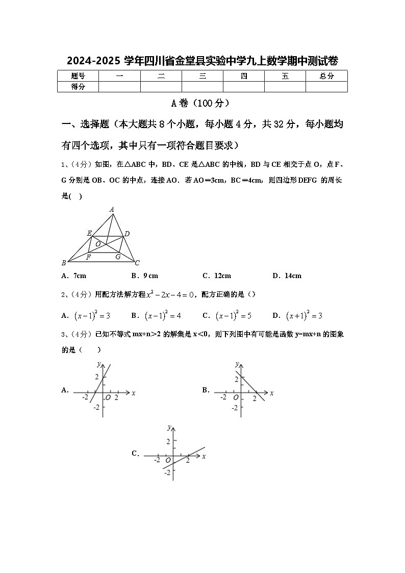 四川省成都市金堂县实验中学2024-2025学年九年级上学期数学期中测试卷第1页
