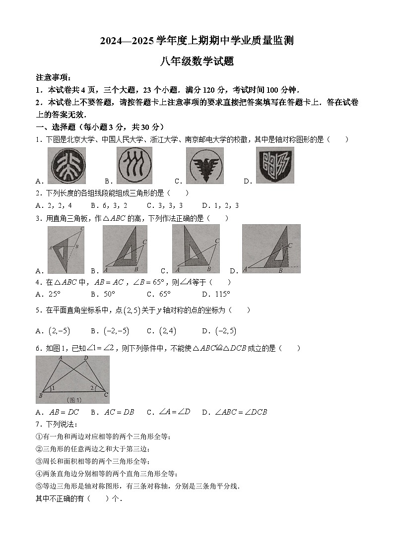 河南省漯河市临颍县2024-2025学年八年级上学期11月期中数学试题第1页