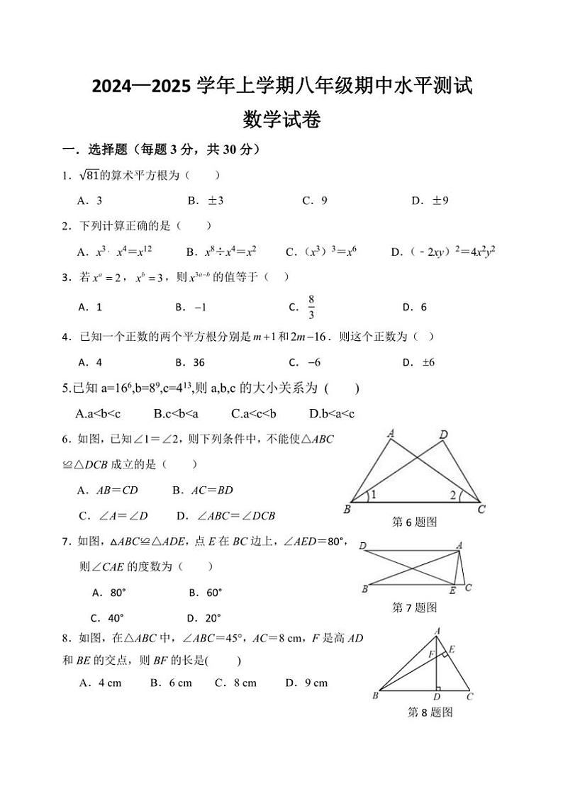 河南省新乡市原阳县2024～2025学年八年级(上)期中数学试卷(含答案)第1页