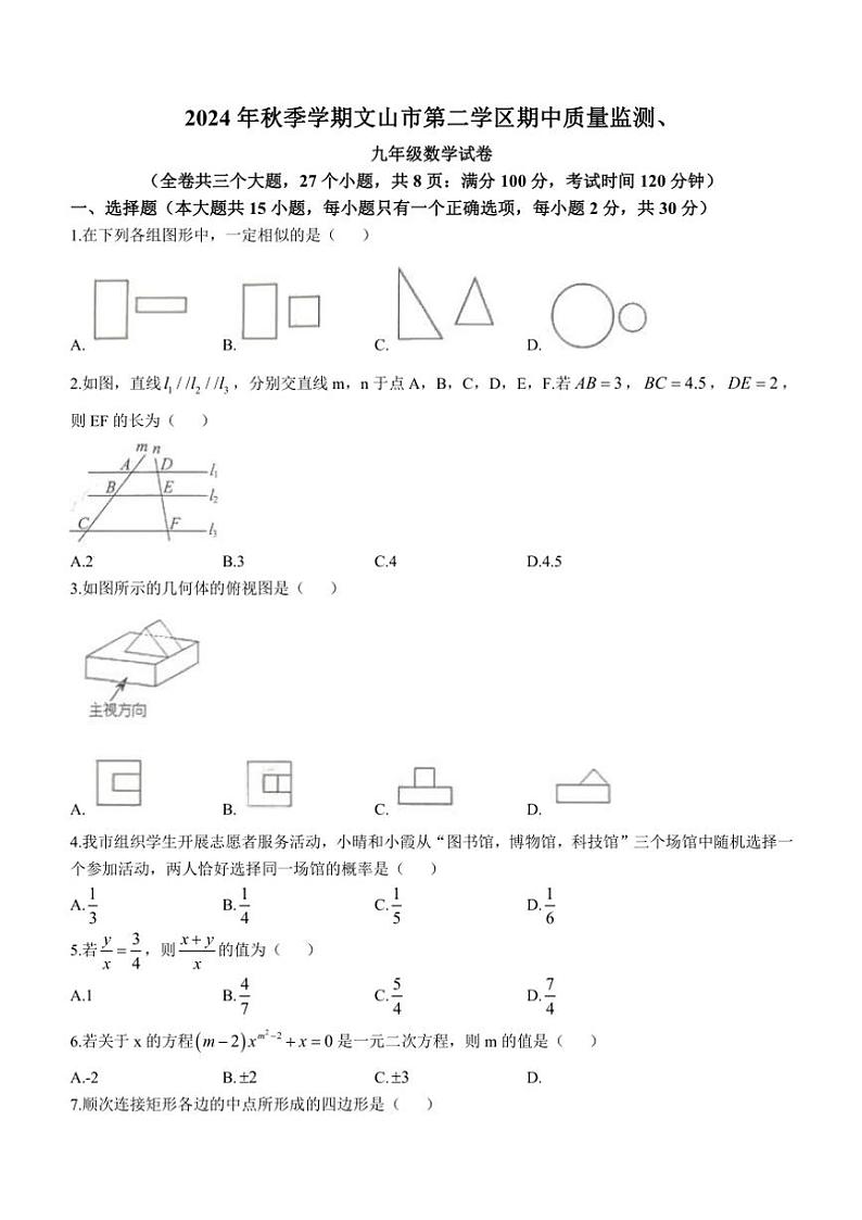 云南省文山壮族苗族自治州文山市文山市第二学区2024～2025学年九年级上学期11月期中数学试题（含答案）第1页