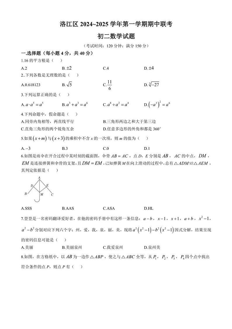 福建省泉州洛江区2024～2025学年上学期八年级数学期中联考质量检测卷（含答案）第1页