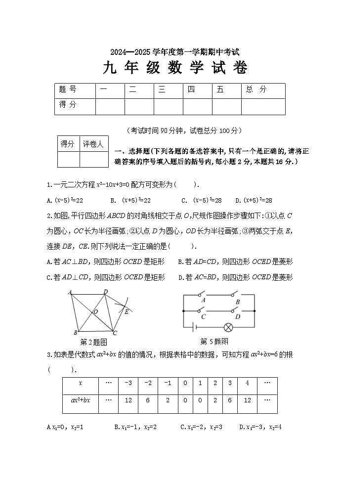 黑山县2024-2025学年九年级上学期期中质量检测数学试卷第1页