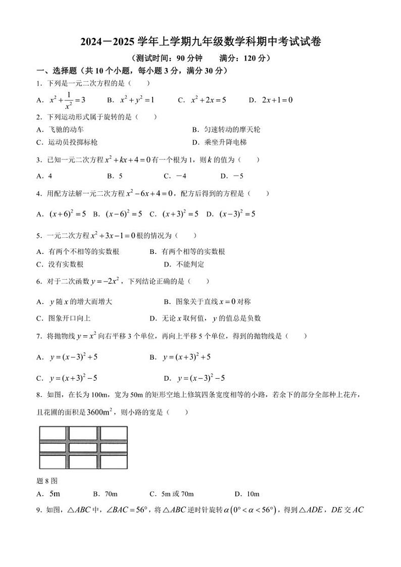 广东省中山市三乡镇初级中学2024～～2025学年上学期九年级数学期中考试卷(含答案)第1页