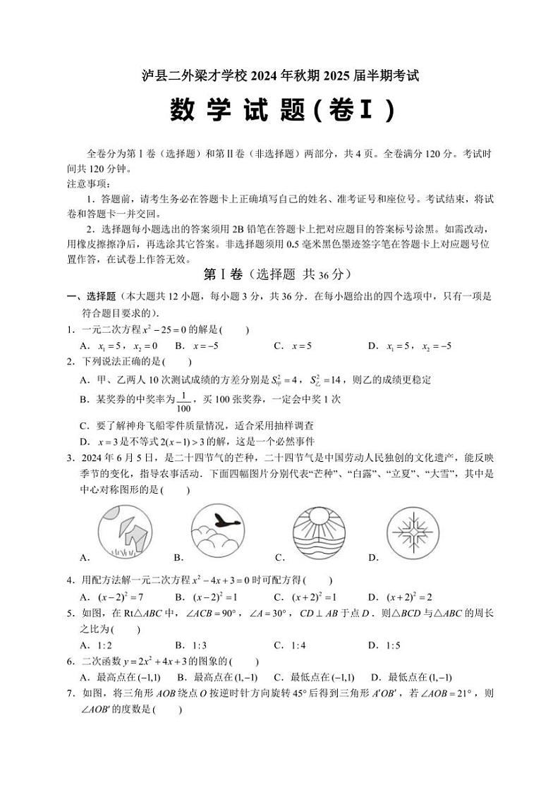 四川省泸州市泸县二外梁才学校2024～2025学年九年级上学期11月期中数学试题（含答案）01