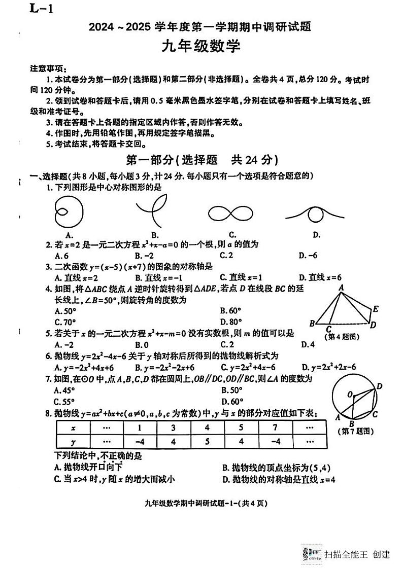 陕西省渭南初级中学2024-2025学年九年级上学期期中考试数学试题第1页