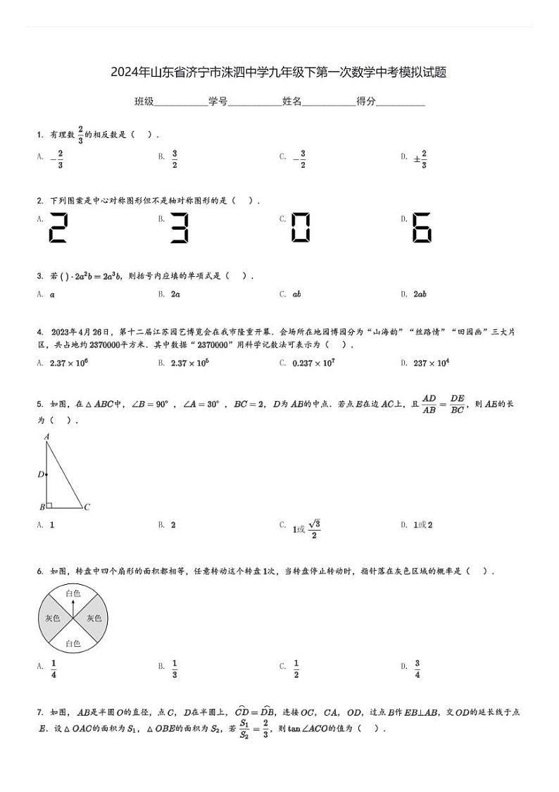 2024年山东省济宁市洙泗中学九年级下第一次数学中考模拟试题(含解析)第1页